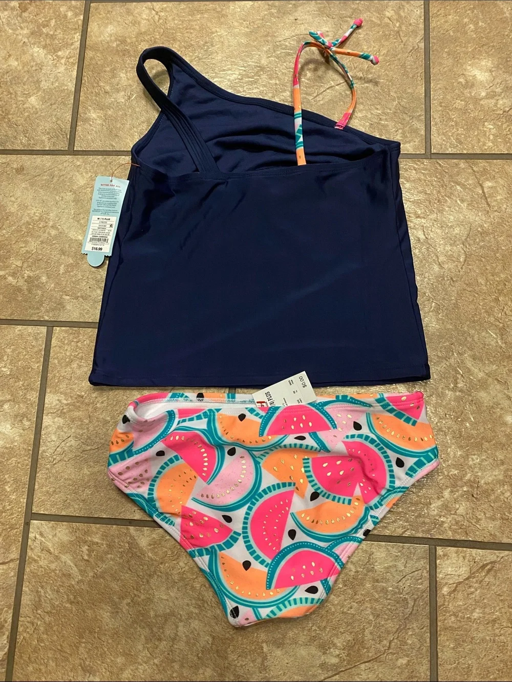 Girl’s Navy Tankini with Pink, Teal & Coral Watermelon Print 7/8 Plus NWT Summer